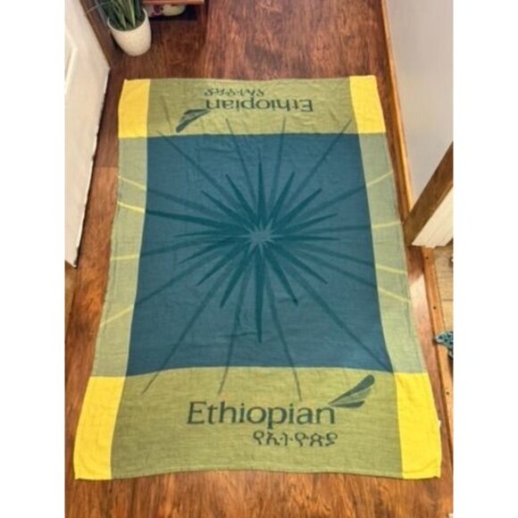 Vintage Ethiopian Airlines In-Flight Plane Blanket Throw Blue Yellow 59" x 43" - Picture 1 of 6